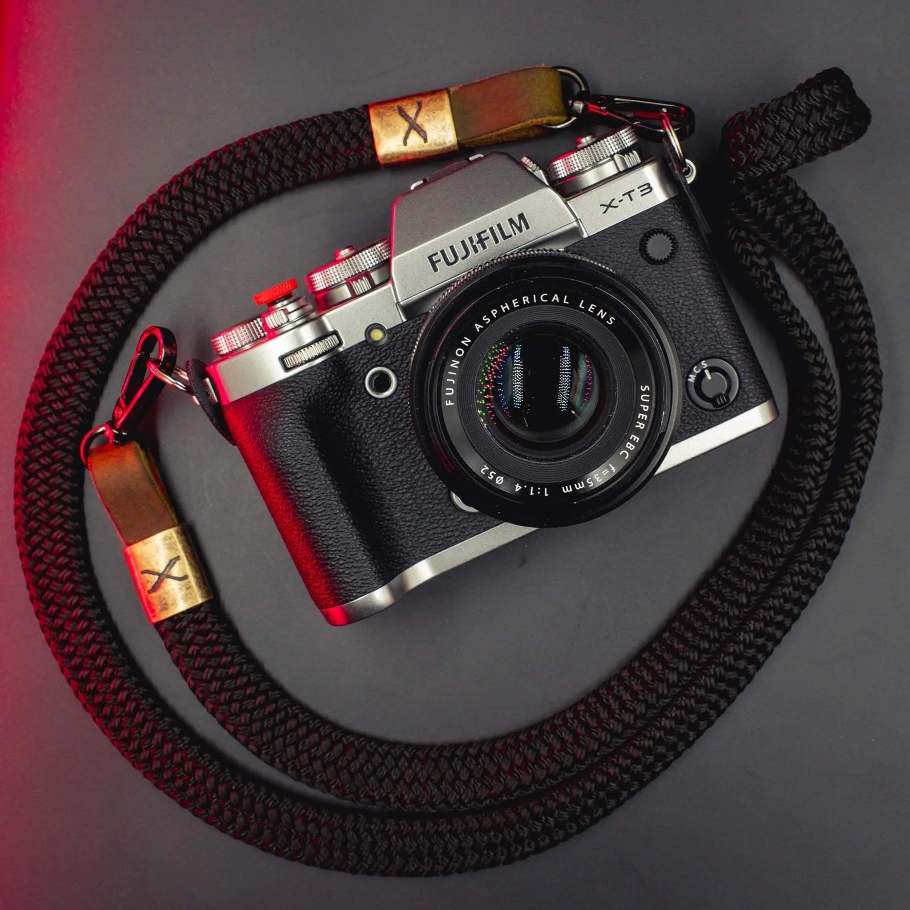 X Black Flat Rope -Brown Leather Camera Strap