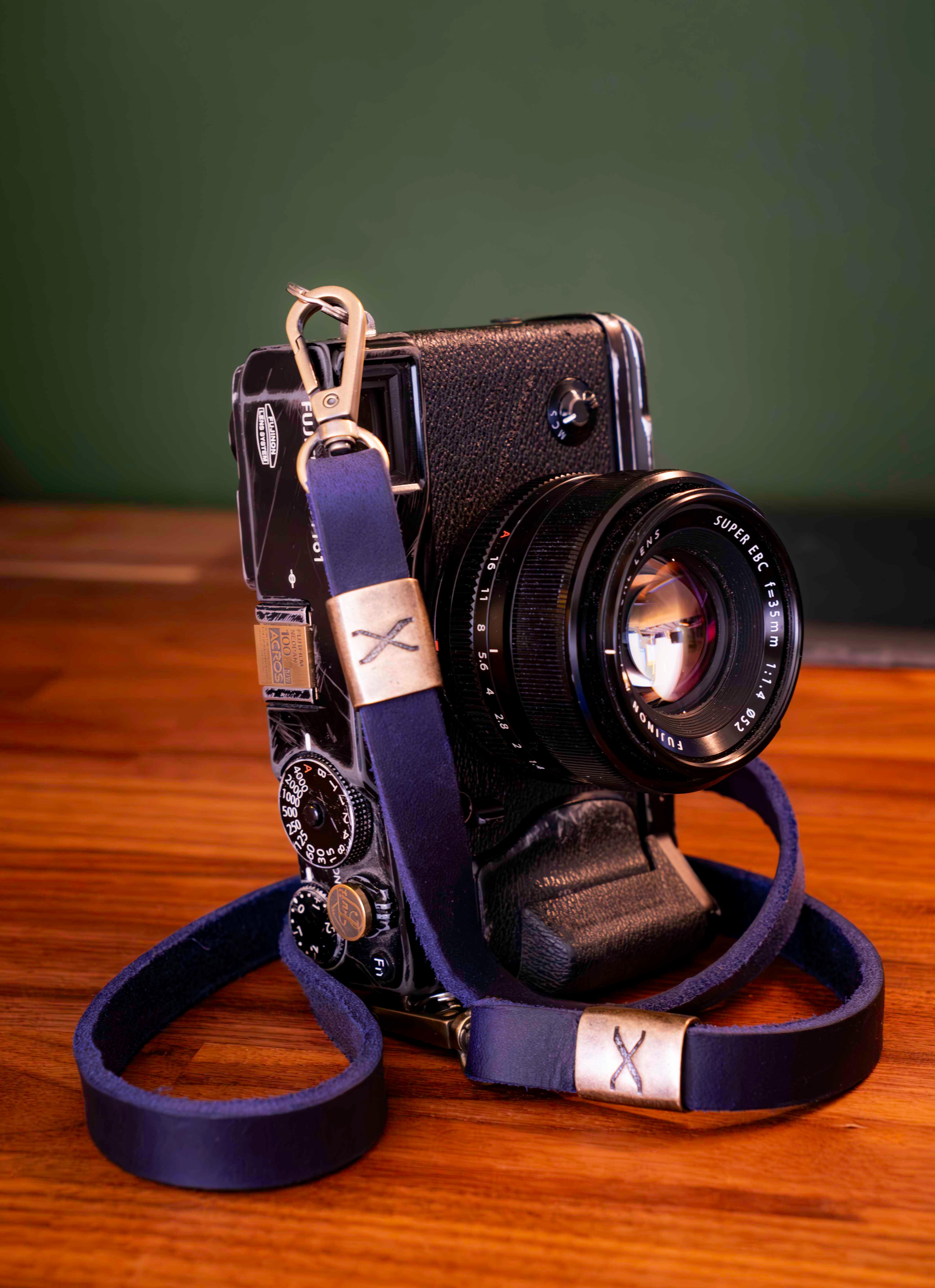 X Bronze Leather Camera Strap Dark Blue 15mm