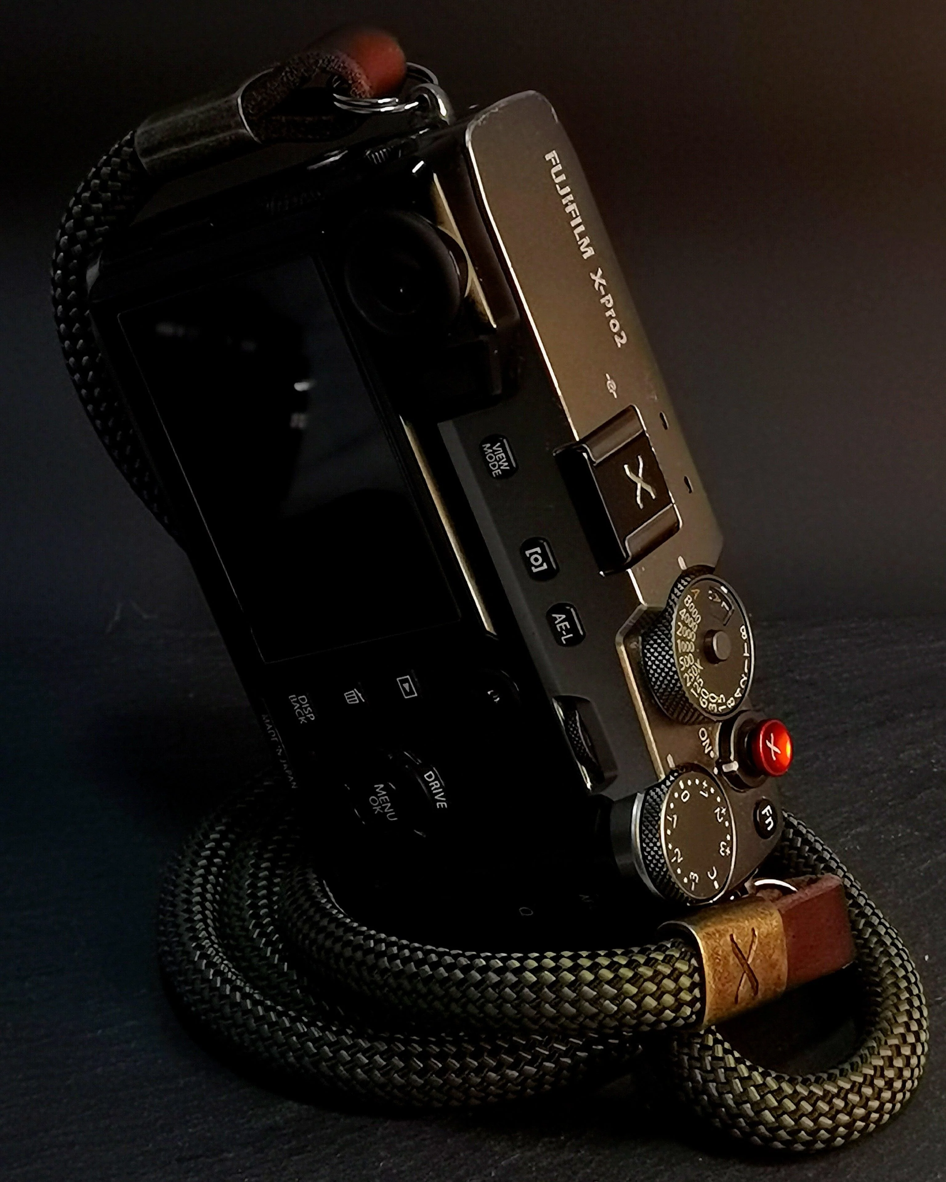 X Checkered Olive/Black Rope -Dark Brown Leather Camera Strap - Bronze X - Image 3